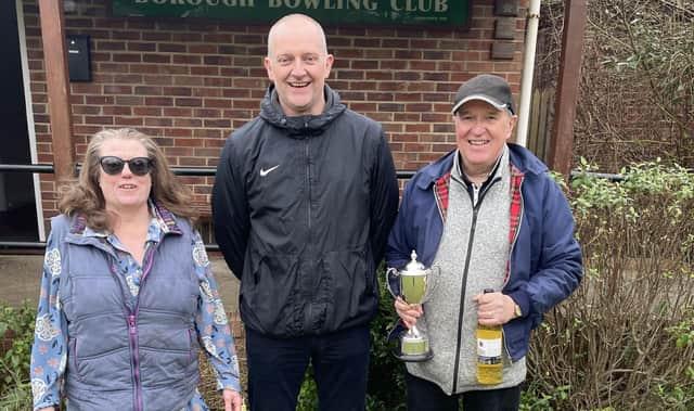 Borough President Andy Adamson presents Robin Daplyn and Sue Wilkinson with their prizes.