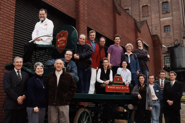 Paul Simpson, operations manager, Ward's Brewery, welcomes the cast of Sheffield Crucible 's new £12,000 sponsorship deal with the theatre in 1998