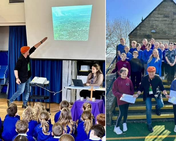 Auctioneer Rob Smith chats to pupils at Sleights School; and Glaisdale and Castleton Primary schoolchildren, who received letters he brought back from a school in Zambia.