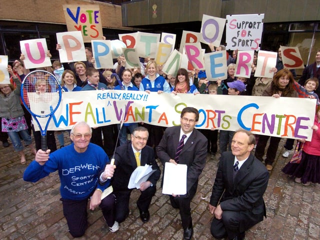 People gather outside Ryedale House to make their feelings felt regarding plans for a new sports centre. 071379a