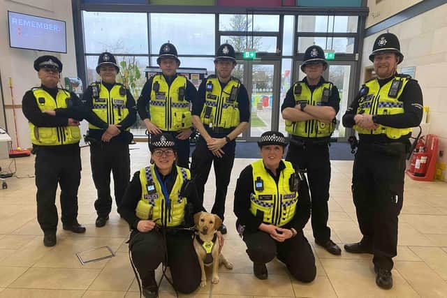 Police officers out and about with Elsa, the passive drugs dog. Photo courtesy of Humberside Police.