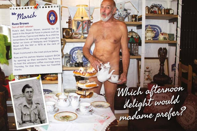 Russ Brown is Mr March, with a cheeky afternoon tea theme to this photo.