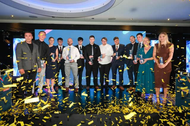 All of the winners on stage at last year's East Yorkshire Apprenticeship Awards. Photo by Dean Atkins