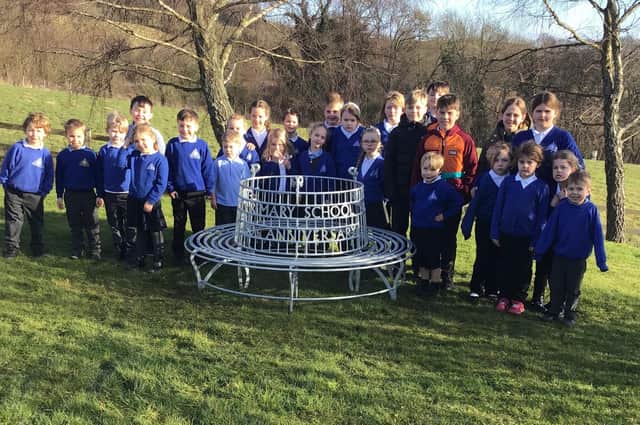 The commemorative bench marking Lealholm School's 150th anniversary.