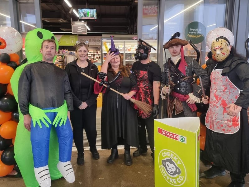 The team at the Spar shop in Stakesby, Whitby, dressed up in Halloween costumes to raise money for Marie Curie.