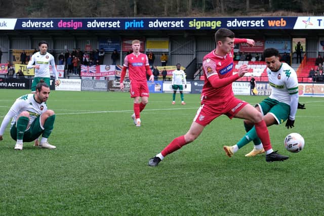 The Betton Wines Boro Man of the Match Luca Colville on the attack.