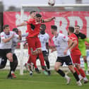 Bridlington Town defending a Carlton Town corner during the home loss for the Seasiders. PHOTOS BY DOM TAYLOR