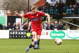 Harry Green fires in a shot for Boro in their 3-0 loss at Chorley on Saturday afternoon. PHOTOS BY ZACH FORSTER