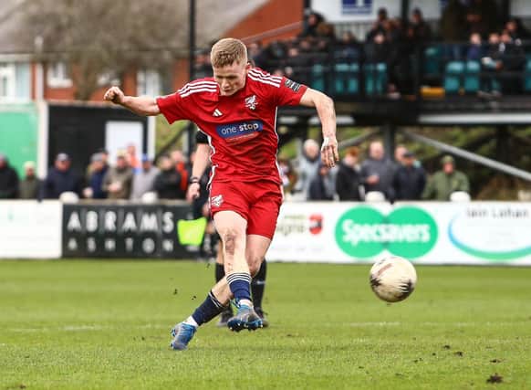 Harry Green fires in a shot for Boro in their 3-0 loss at Chorley on Saturday afternoon. PHOTOS BY ZACH FORSTER