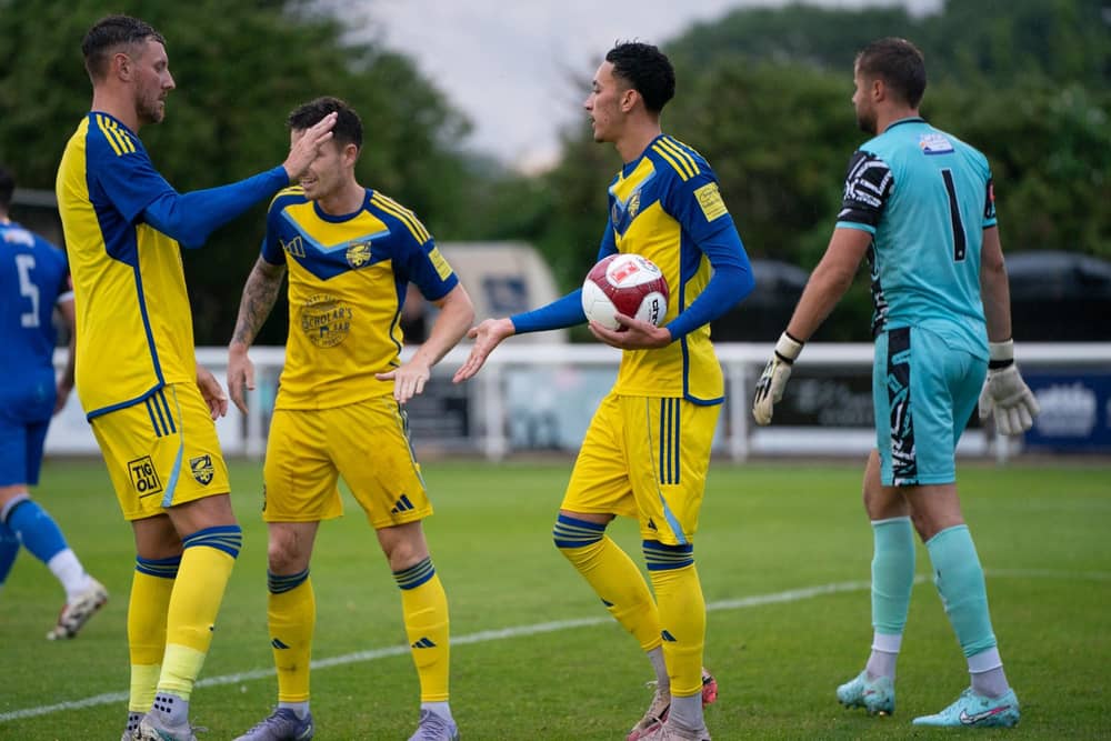 Rio Allan celebrates his opener in the win at Cleethorpes.   Photo by Wandering Photography