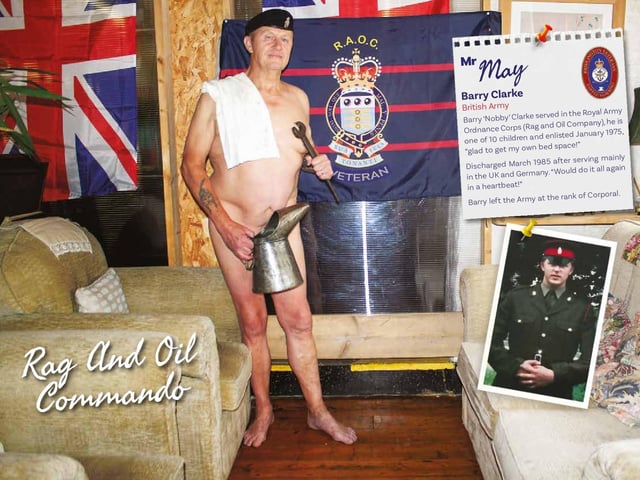 Barry Clarke, Mr May, is shown here honouring his time in the Royal Army Ordinance Corps (or the Rag and Oil Company).