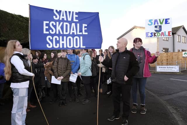 Protests made against the proposed closure of Eskdale School in Whitby.
picture: Richard Ponter, 230201a