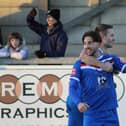 Whitby Town's Layton watts celebrates putting Town 1-0 ahead at Croft Park against Blyth Spartans on Boxing Day. Photos by Owen Cox