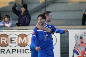 Whitby Town's Layton watts celebrates putting Town 1-0 ahead at Croft Park against Blyth Spartans on Boxing Day. Photos by Owen Cox