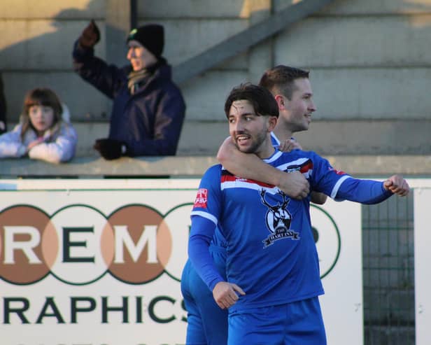 Whitby Town's Layton watts celebrates putting Town 1-0 ahead at Croft Park against Blyth Spartans on Boxing Day. Photos by Owen Cox