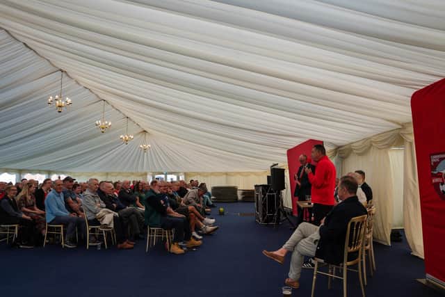 Scarborough Athletic fans listen to Brid Town CEO Gavin Branton at the open meeting at Scarborough Cricket Club marquee on Wednesday June 4 2025. Photo by Wandering Photography