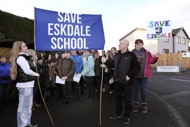 Protests made against the proposed closure of Eskdale School in Whitby.
picture: Richard Ponter, 230201a