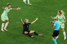 Referee Ivana Martincic gestures to the penalty spot after Beth Mead of England is fouled during the UEFA Women's EURO 2025 semi-final between England and Italy.  Photo by Alexander Hassenstein/Getty Images.