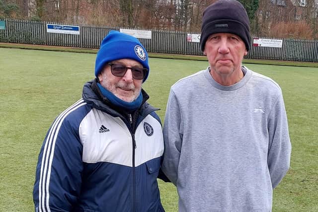 Home star Geoff Price, right earned Dukes Park Over-60s Singles Merit success against Harry Old.