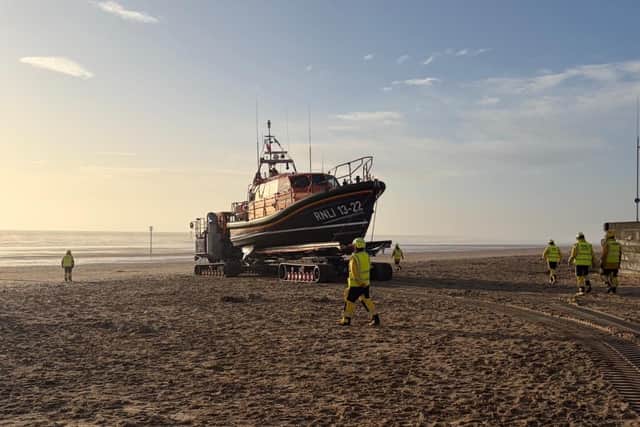 Ian Sandy's image shows the lifeboat being launched on south beach.