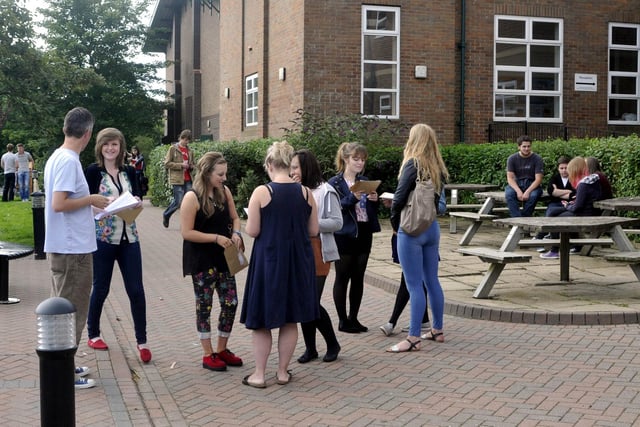 Students gather on A level and As exam results day at Scarborough 6th Form College in 2012.