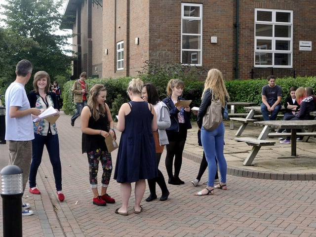 Students gather on A level and As exam results day at Scarborough 6th Form College in 2012.