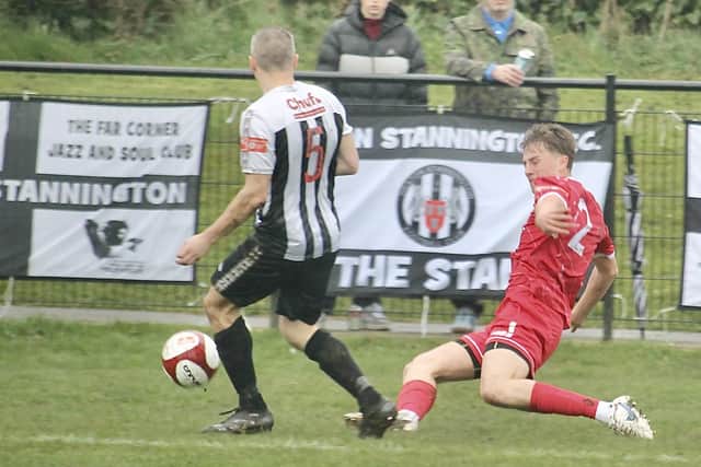 Alex Markham in action for Bridlington Town in the 4-1 win at relegation rivals Heaton Stannington. Photo by Alexander Fynn