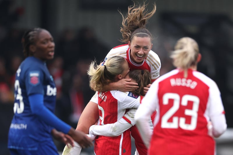 Beth Mead of Arsenal celebrates with team-mate Katie McCabe after she scores her side's third goal. 
Photo by Alex Pantling/Getty Images.