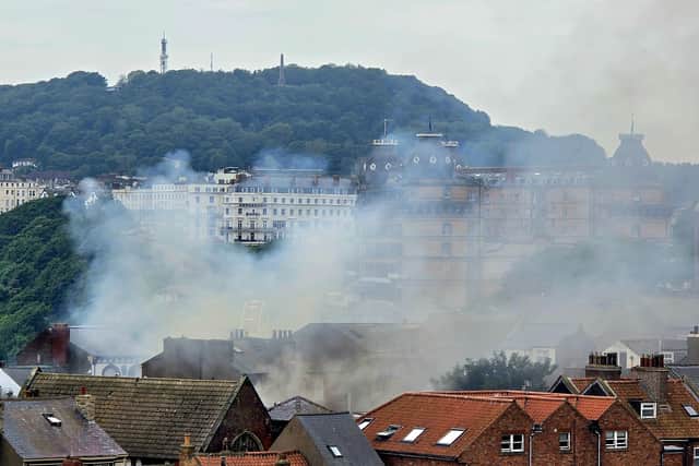 Smoke created by the town centre blaze in Scarborough seen drifting in front of The Grand Hotel.