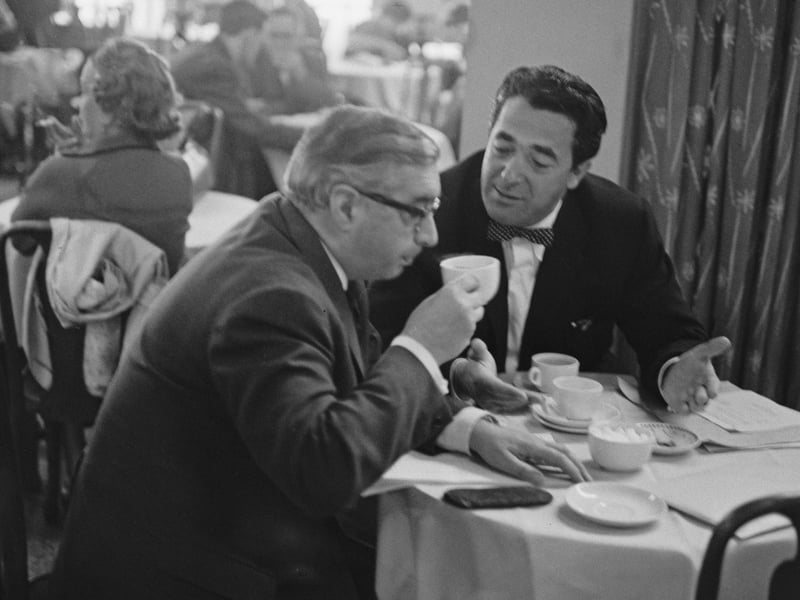 British politician George Brown (1914 - 1985, left), Deputy Leader of the Labour Party, talking to media proprietor Robert Maxwell (1923 - 1991) at the Labour Party Conference in Scarborough, October 5, 1963.