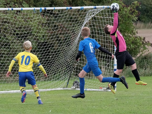 The Heslerton Under-12s keeper is at full stretch to claim this shot from Seamer