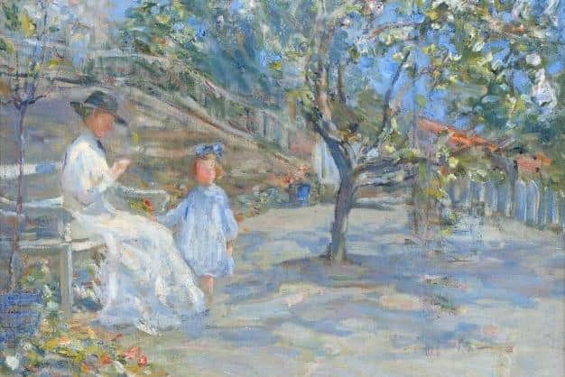 Section of Florence Hess painting, Mother and Child in a Sun-Drenched Garden – estimate: £4,000-6,000