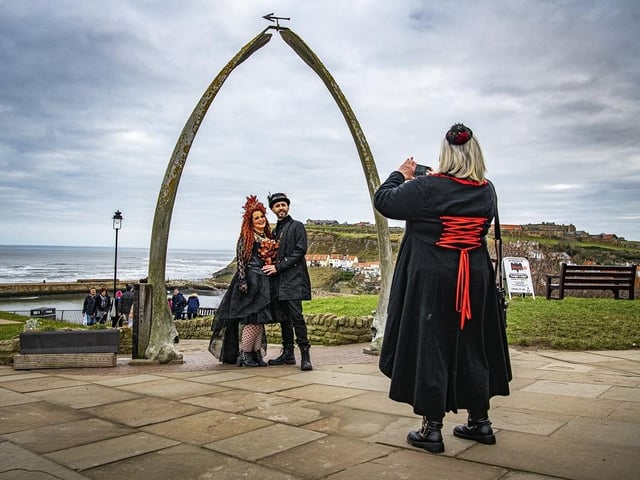 Amanda Dawson and Richard Wilson pose by the whale bones in Whitby.