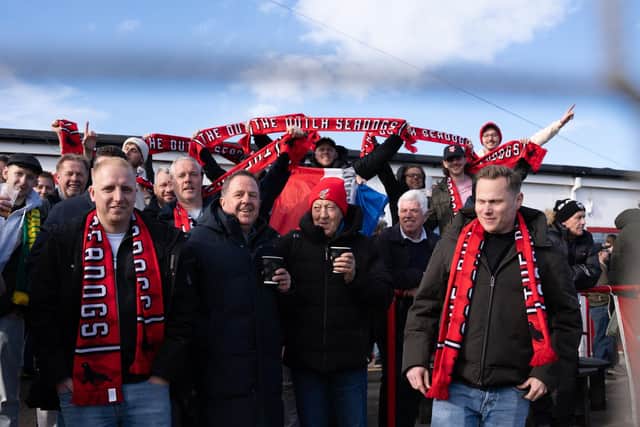 Some of the 80 travelling Dutch Seadogs who added to the matchday atmosphere against Chorley. Photo by Wandering Photography