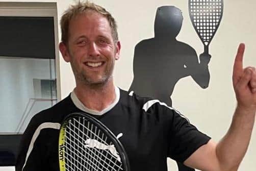 Scarborough Racketball player Ollie Hillier celebrates his win against Malton.