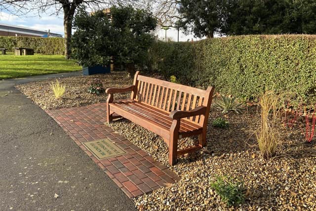 The mental health bench and plaque in Whitby's Pannett Park.