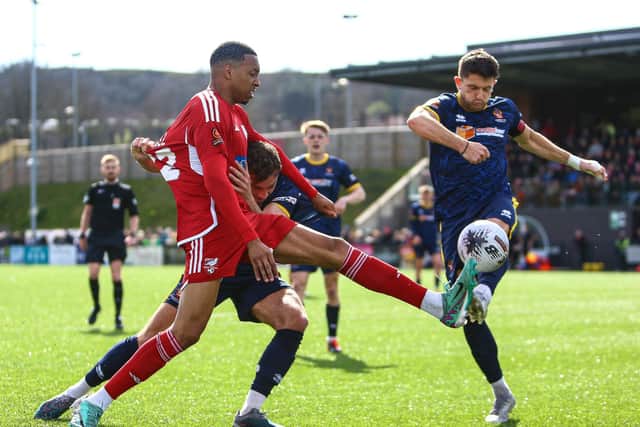Boro striker Kole Hall closes down a Spennymoor player during the 1-1 draw on Saturday. PHOTOS BY ZACH FORSTER
