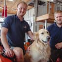 Amos returns to say 'thank you' with crew members AJ Shepherd (left) and Jason Stephenson (right). Photo: RNLI/Mike Milner