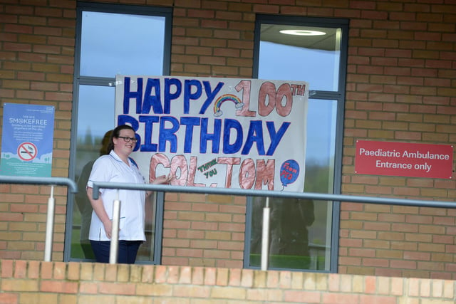 Sunderland Royal Hospital staff with a message for Captain Tom Moore 100th birthday, ahead of the applause beginning.