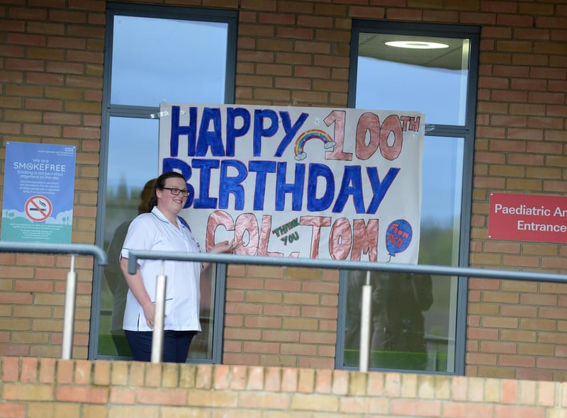 Sunderland Royal Hospital staff with a message for Captain Tom Moore 100th birthday, ahead of the applause beginning.