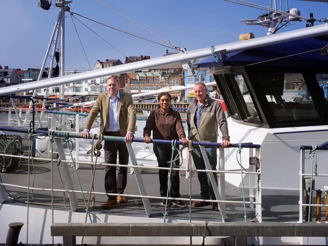 Conservative party leader Kemi Badenoch visits Bridlington Harbour.