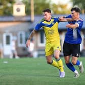 Dom Tear scored the third goal for Boro at Pickering Town on Friday night. Photo by Zach Forster