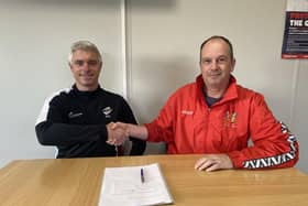 Steve Brennan (Scarborough Football Scholarship Director) and Adrian Costello (Bridlington Town manager) agree the new partnership.