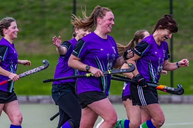 Sarah Thompson is congratulated by his teammates after putting Danby ahead. Photo by Brian Murfield