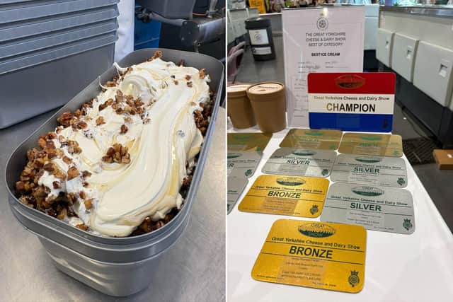 Beacon Farm ice-cream and, right, some of the Great Yorkshire Show awards.
