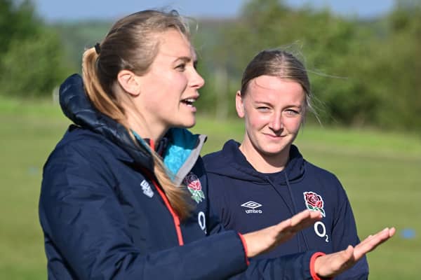 England captain Zoe Aldcroft and Steph Else conduct a training session on a visit back to their formative club Scarborough RUFC.