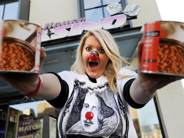 Bean me up!! Opera House Casino worker Ashleigh Nellist in going to sit in bath tub of beans, in the casino window, from 5pm-5am on Red Nose Day. 110958f, pic by Andrew Higgins