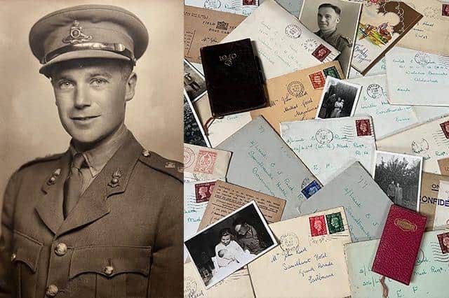 Photograph of John Reed alongside letters he exchanged with his wife, Rita, during WWII.