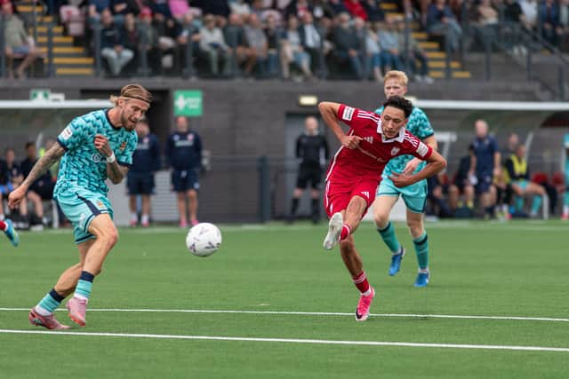 Top scorer Rio Allan fires in his superb second goal to seal the 5-1 win for Boro at home to Southport. Photo by Morgan Exley
