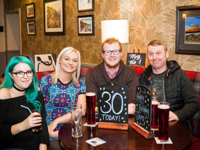 Abi, Mel, Tom & Craig enjoy the birthday celebrations in Dickens Bar.